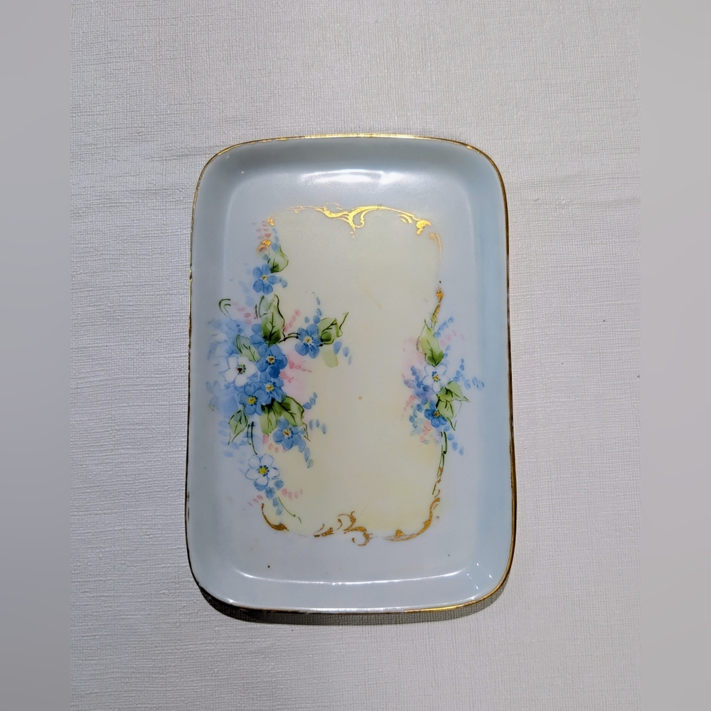 Antique IT UNO Favorite Bavaria Porcelain Tray — Forget-Me-Not Floral, Gold Trim - Picture 3 of 6